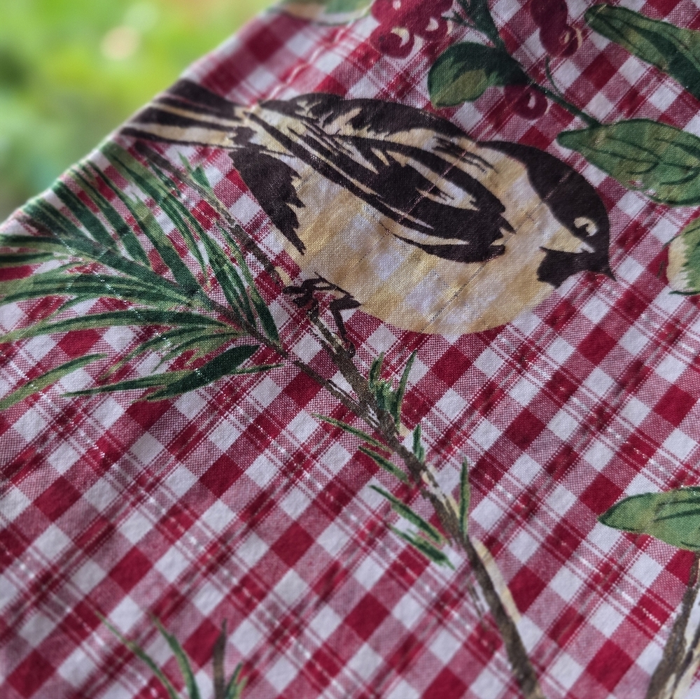 April Cornell Red Checkered Tablecloth with Bird and Pine Motif - Picture 3 of 5